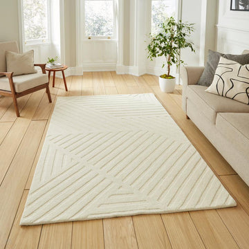 Hudson Bay 24127 Modern Plain Diagonal Linear Geometric Hand-Woven High-Density Textured Carved Hi-Lo 3D Effect Cut & Loop Wool Pile Ivory Rug-Think Rugs-Rug Love - The Most Loved Rug Store